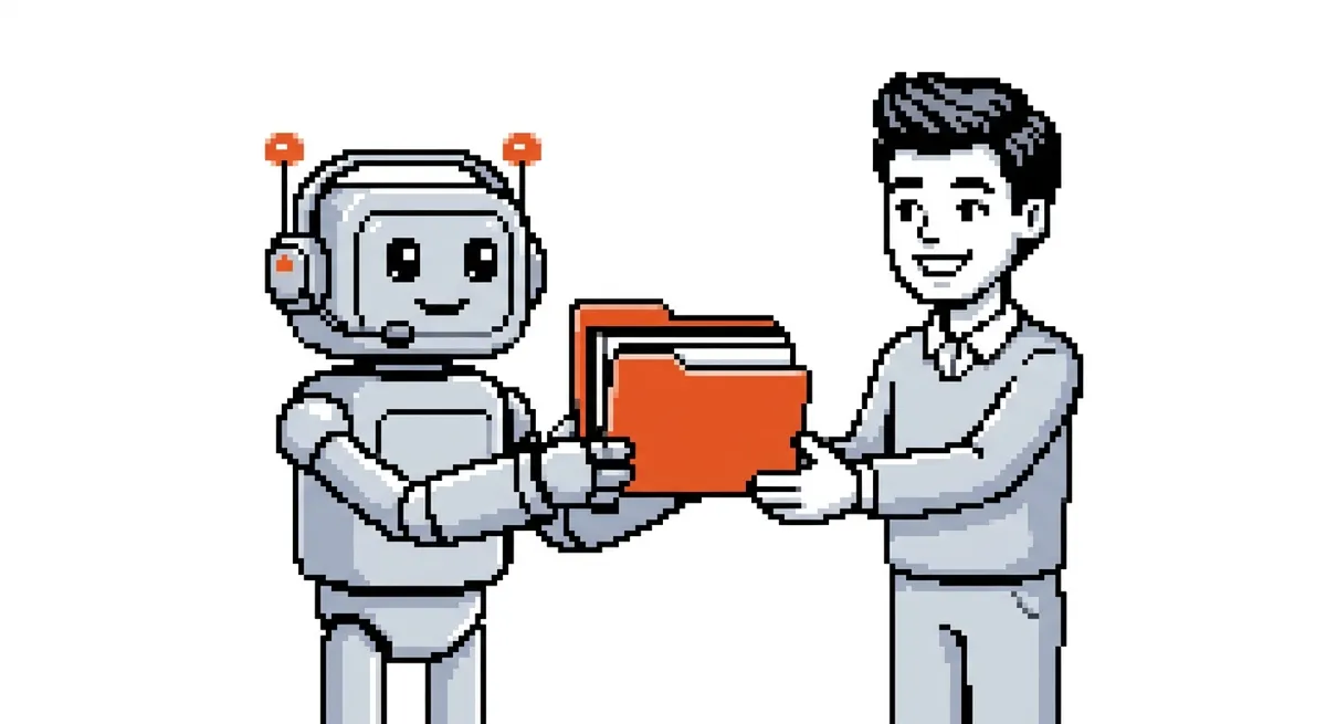 Robot che consegna documenti a recruiter in pixel art