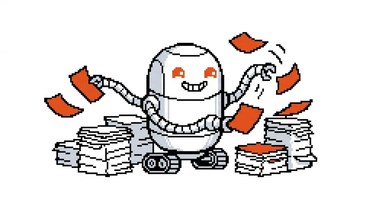 Robot che smista velocemente documenti in pixel art